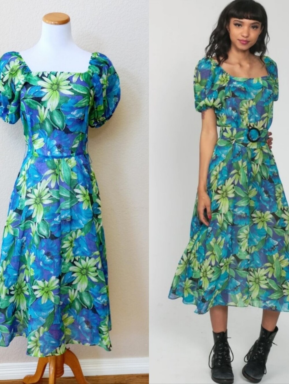 Country Romance vintage blue and green floral midi dress *missing belt